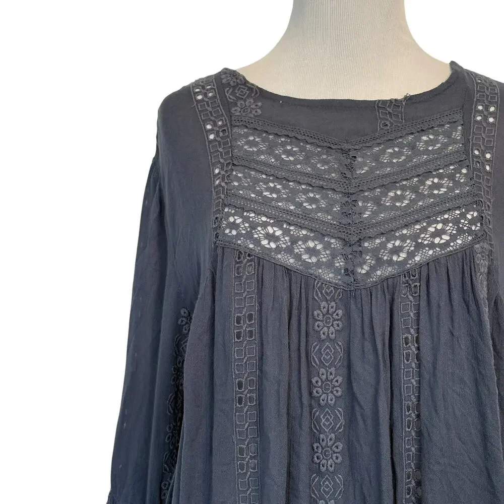 Free People Kiss Kiss Tunic Dress Womens XS Blue Tiered Swing Cut Out Oversized